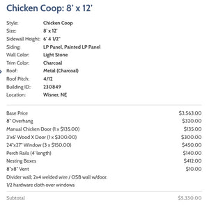 8x12 Chicken Coop - Ready For Delivery - Wisner Nebraska Location